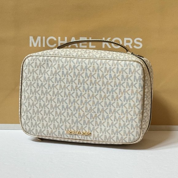 Michael Kors Jet Set Travel Large Toiletry Vanity Case Travel Pouch MK Vanilla - Picture 1 of 10